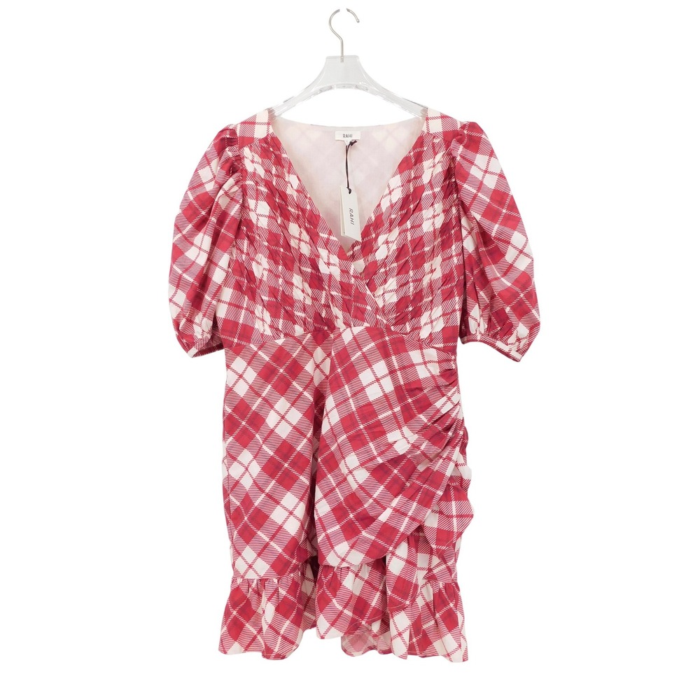 NWT RAHI Red White Plaid Ruffle Wrap V Neck Puff Sleeve Mini Dress XL‎